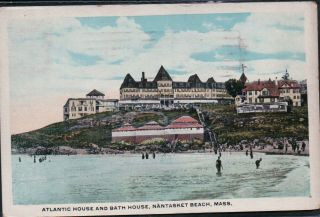 Atlantic House And Bath House,  Nantasket Beach,  Ma Vintage Postcard