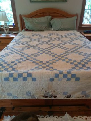 Vintage Quilt.  Blue And White And Yellow Hand Stitched