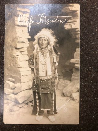 Early 1900s Rppc - Native American (ute) Cheif Manitou /feather Headdress/enos