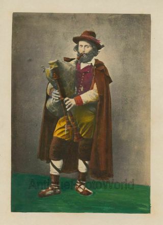 Italy Alps Man W Zampogna Bagpipe Instrument Hand Tinted Antique Albumen Photo