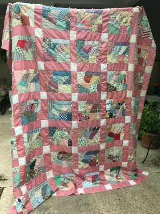 Vintage Handmade Quilt With Crazy Quilt Blocks Approx 80 " X 84 "