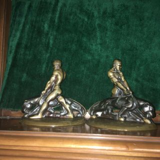 Solid Bronze Bookends - Nubian Slave & Panther Bookends By Russwood - Circa 1946