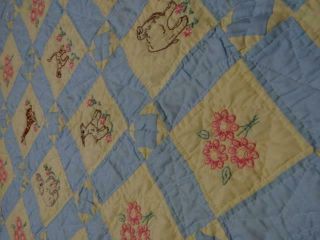 EXQUISITE VINTAGE HAND QUILTED & EMBROIDERY SAFARI ANIMALS FARMHOUSE OLD QUILT 6