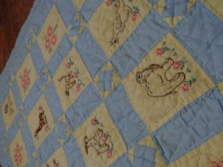 EXQUISITE VINTAGE HAND QUILTED & EMBROIDERY SAFARI ANIMALS FARMHOUSE OLD QUILT 7