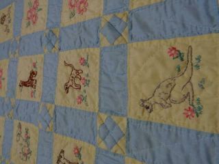 EXQUISITE VINTAGE HAND QUILTED & EMBROIDERY SAFARI ANIMALS FARMHOUSE OLD QUILT 8