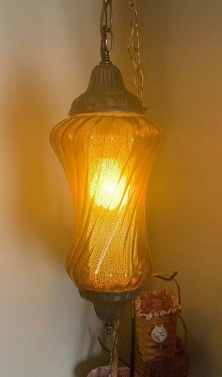 Vintage Retro Amber Ribbed Glass Hanging Globe Lamp 60 