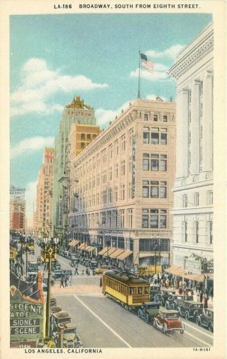 Autos Trolley Broadway 1940s Postcard Los Angeles California Eighth Western 6795