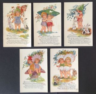 Signed Agnes Richardson Birthday Postcards (5) Flower Fairies,  Bunnies
