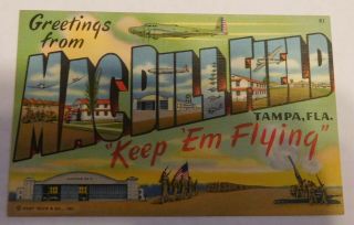 Vintage Greetings From Macdill Field Tampa Florida Postcard Ww2 Era