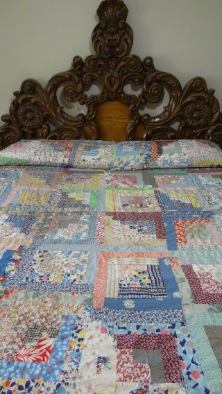 Awesome Vintage Feed Sack Log Cabin Pattern Quilt Top L71.