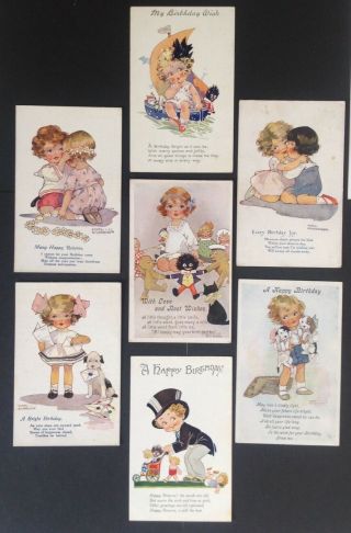 Signed Agnes Richardson Birthday Postcards (7) Cute,  Curly - Haired Children