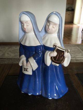 Vintage Two Nuns Figures Blue Figurines Harp Prayer Religious 8.  5 " Tall Singing