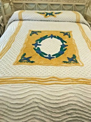 Vintage Chenille Bedspread Yellow - Gold Green Blue Floral White 88 " X100 " Full Dbl