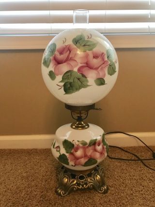 Vintage Parlor Gone With The Wind Globe Hurricane Lamp Hand Painted Roses Brass