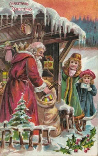 Christmas Postcard - Old Santa Claus In Snow With Toys Children Holly Tree C - 960