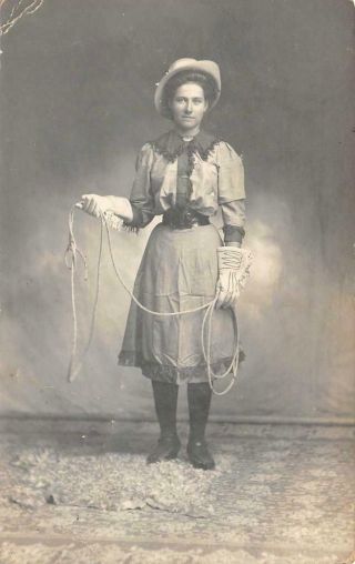 Rppc Cowgirl & Lasso Western Real Photo Rodeo Costume C1910s Vintage Postcard