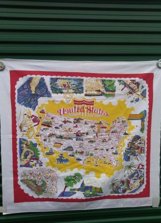 Vintage 1940s,  Atlantic Creations United States Map Hand Painted Tablecloth