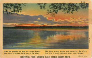 Postcard Greetings From Narrow Lake,  Eaton Rapids,  Mi Posted 1938