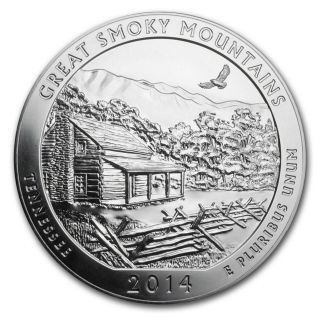 2014 5oz Silver America The Atb Great Smoky Mountain Coin W Capsule Bu