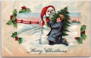 1910s Holiday Greetings Postcard " Merry Christmas " Boy W/ Xmas Tree & Snowman