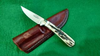 By George Englebretson Custom Compact Fixed Blade Knife W/ Leather Sheath