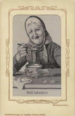 Woven In Silk Novelty Pc,  Woman Eating Image,  Crefeld Germany Pub C 1904 - 14