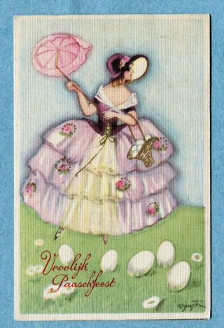 A2321 Postcard Chiostri Happy Easter Woman With Pink Parasol,  Basket Of Eggs