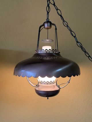 Vintage Copper Hanging Ceiling Swag Hurricane Style Lamp Light Mid Century
