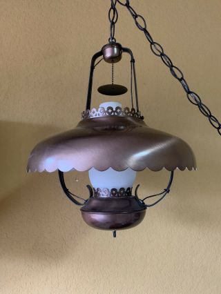 Vintage Copper Hanging Ceiling Swag Hurricane Style Lamp Light Mid Century 2