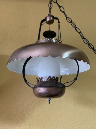 Vintage Copper Hanging Ceiling Swag Hurricane Style Lamp Light Mid Century 3