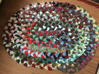 Vtg Braided Rug - Antique Handmade Oval Wool Braided Rug 32”x 22”