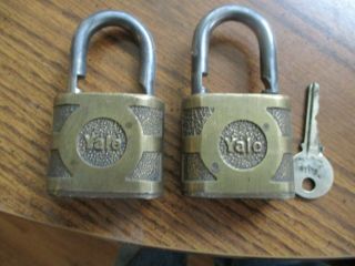 2 Vintage Old Large Heavy Brass Yale Padlock Lock With 1 Yale Key Great