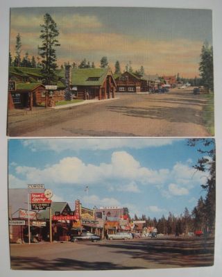 2 West Yellowstone Mt Street Scene Old Postcards; Linen And Chrome; Signs
