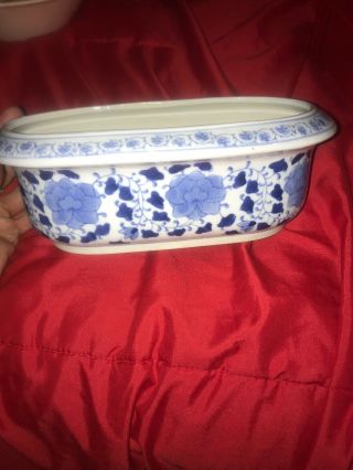 Vintage Chinese Hand Painted Floral Blue & White Ceramic Planter 10” 6.  5” 4”