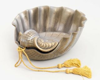 1981 Arthur Court Aluminum Seashell Clam Shell Serving Bowl Dish Hinged 13 "
