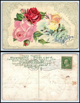 1909 Postcard Lightly Embossed " Best Wishes " Red & Pink Flowers W/house Inset H4