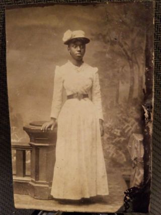 African American Woman In Wonderful Hat & Dress Sixth Plate Tintype.