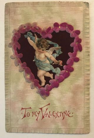 Die - Cut Cupid & Attached Heart Antique Novelty Valentine Postcard - K234