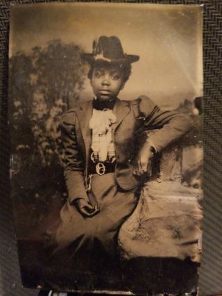 African American Woman In Hat & Dress Suit W/ Gloves.  Sixth Plate Tintype.