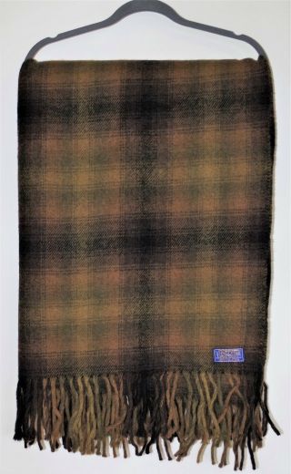Vintage Pendleton 100 Wool Stadium Throw Blanket Tartan Plaid Brown Fringe