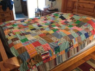 Vintage Hand Made Patchwork Quilt Blanket 69”x 78” Square Pattern
