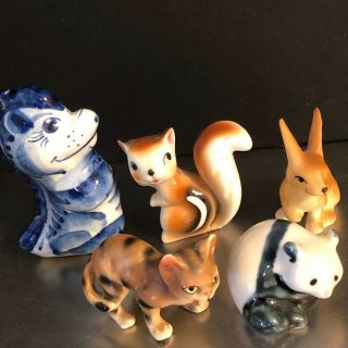 Vtg Miniature Animal Figurines Set 5 Bone China Porcelain Cat Dragon Panda Bunny