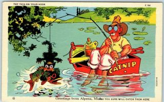 Alpena,  Michigan Linen Postcard Ray Walters Curteich Fish Comics C - 94 Fishing