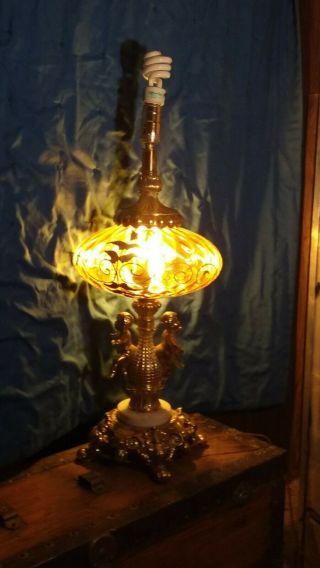 3 - Way Orange Table Lamp - Retro Amber Quilted Glass,  Mcm,  Antique Light