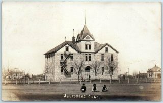 Julesburg,  Colorado Rppc Postcard Public School W/ Boys & Dog Butcher Photo 1909