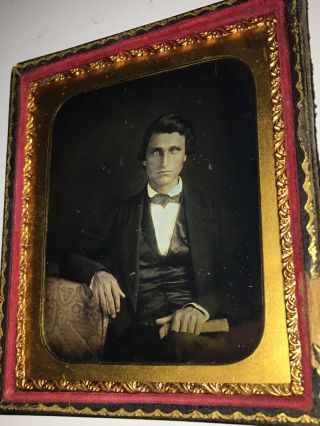 Rare 1/6 Plate Daguerreotype Handsome Man Holding Book Clear Image Half Case