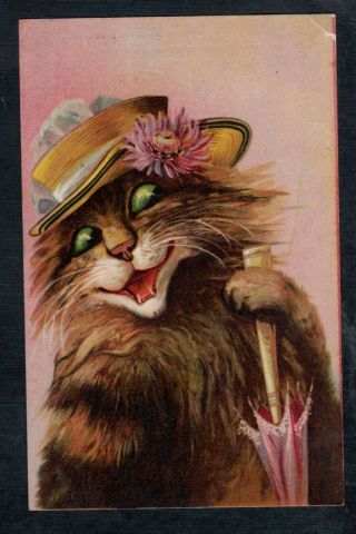 E85 Postcard Artist Designed Large Images Of Boulanger Cat With Umbrella Hat
