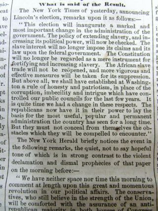 1860 newspaper REPUBLICAN ABRAHAM LINCOLN ELECTED PRESIDENT Civil War Looms 4