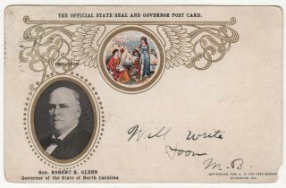 1907 North Carolina Governor Robert Glenn Political Pc Postcard Concord Nc Gov