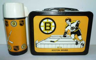 1973 Vintage Boston Bruins Nhl Metal Lunch Box And Thermos - - Okay Industries